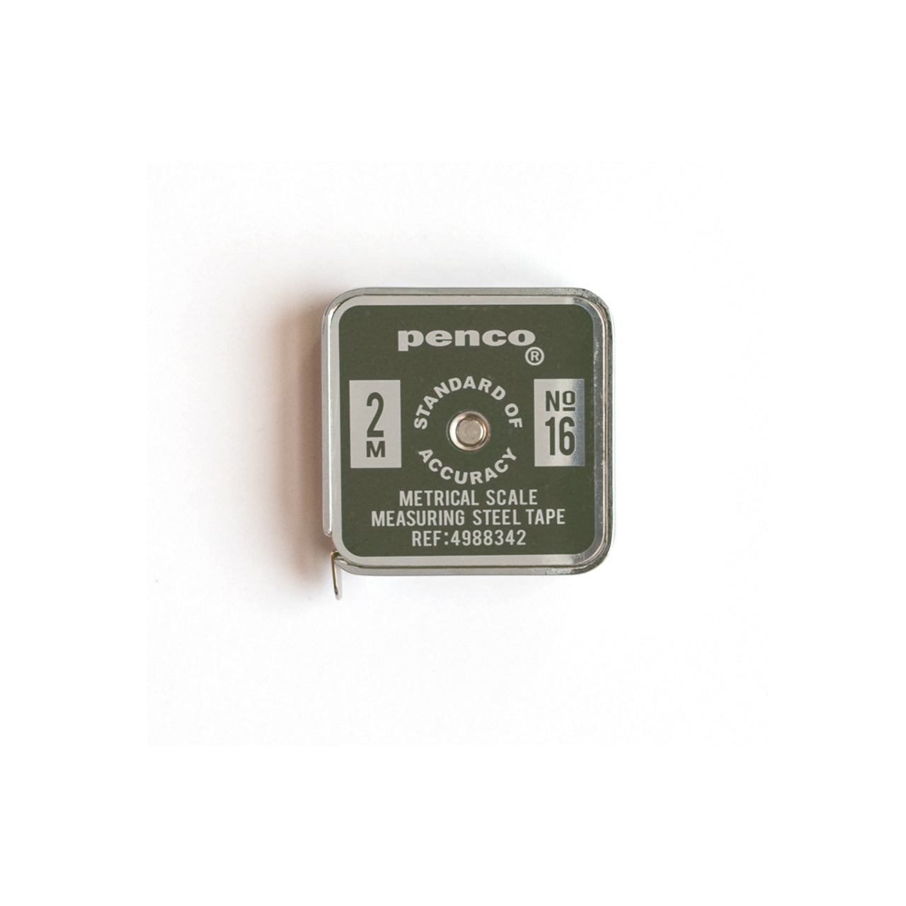 Penco measuring tape with green casing on a white background