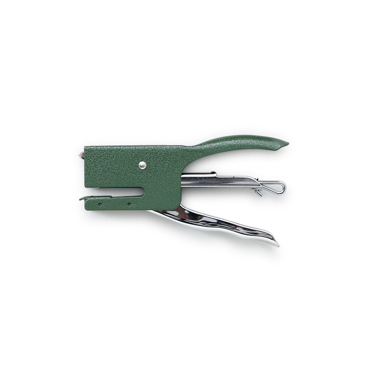 A green Penco staple gun with a steel body and hammer-painted finish on a white background.