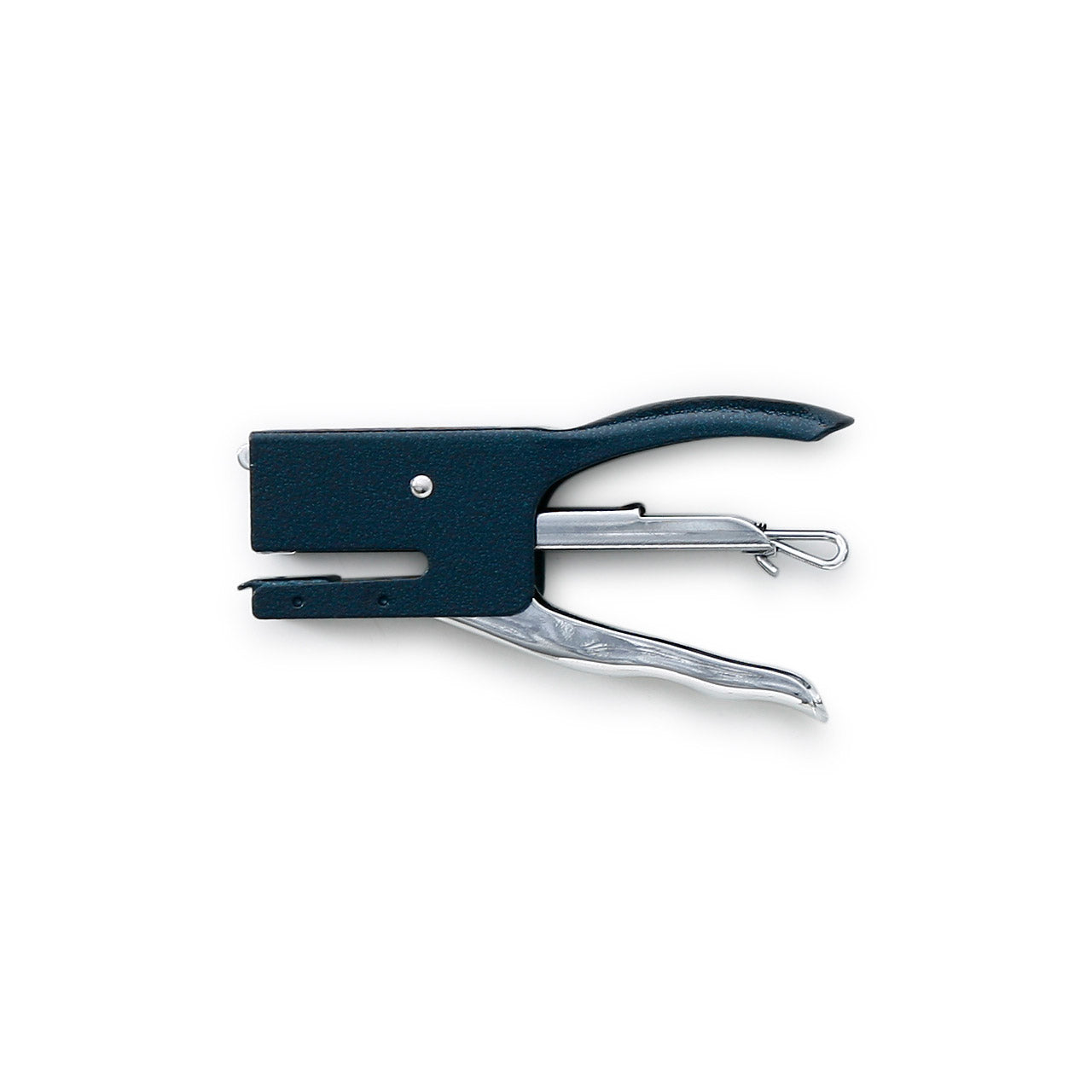 A Blue Penco staple gun with a steel body and hammer-painted finish on a white background.