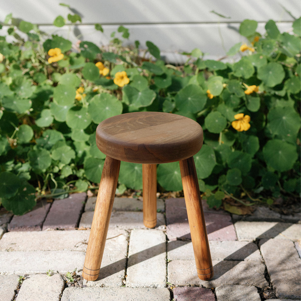 Wooden stool on a paved area with green plants and flowers in the background