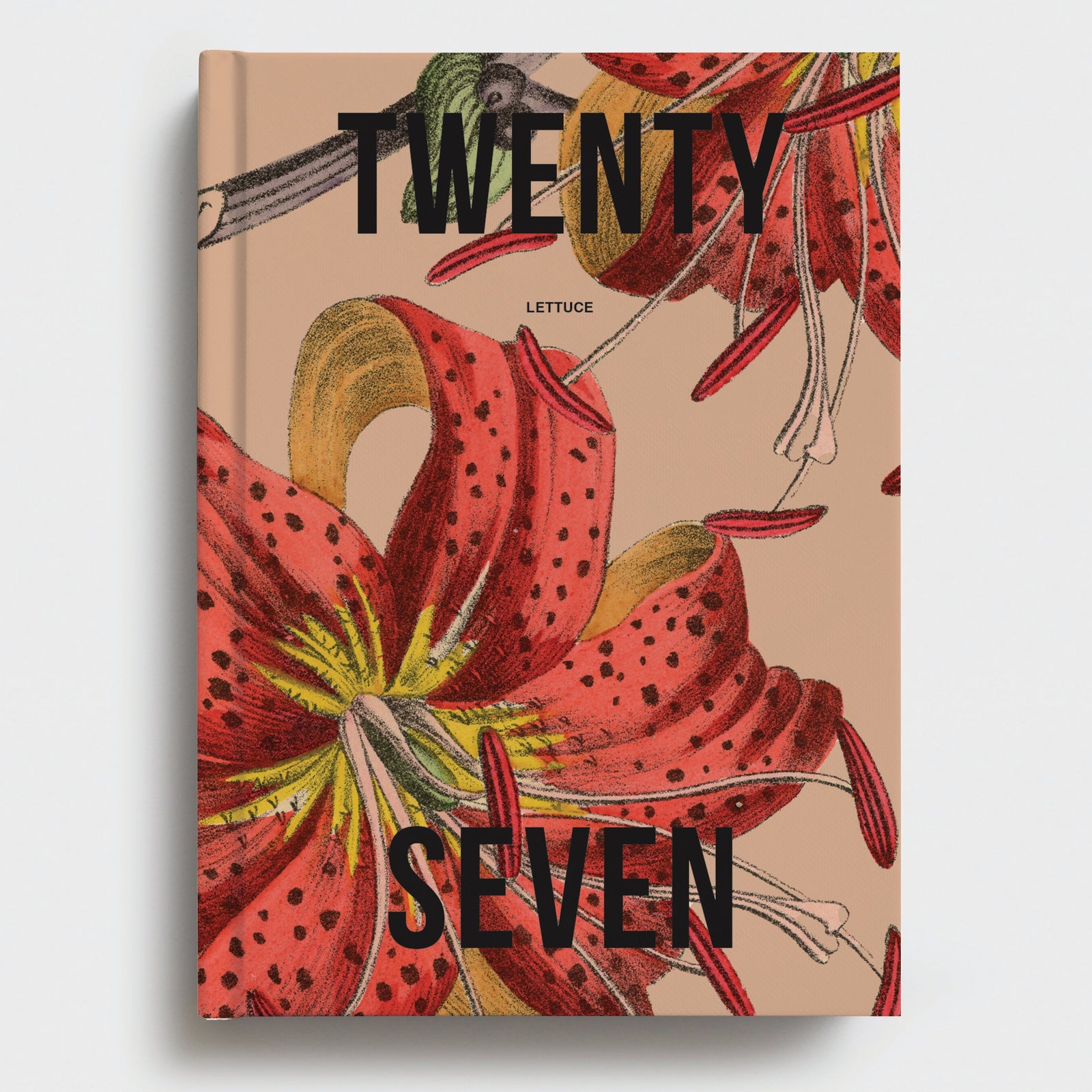 Book cover with floral design and 'TWENTY SEVEN' text on a beige background