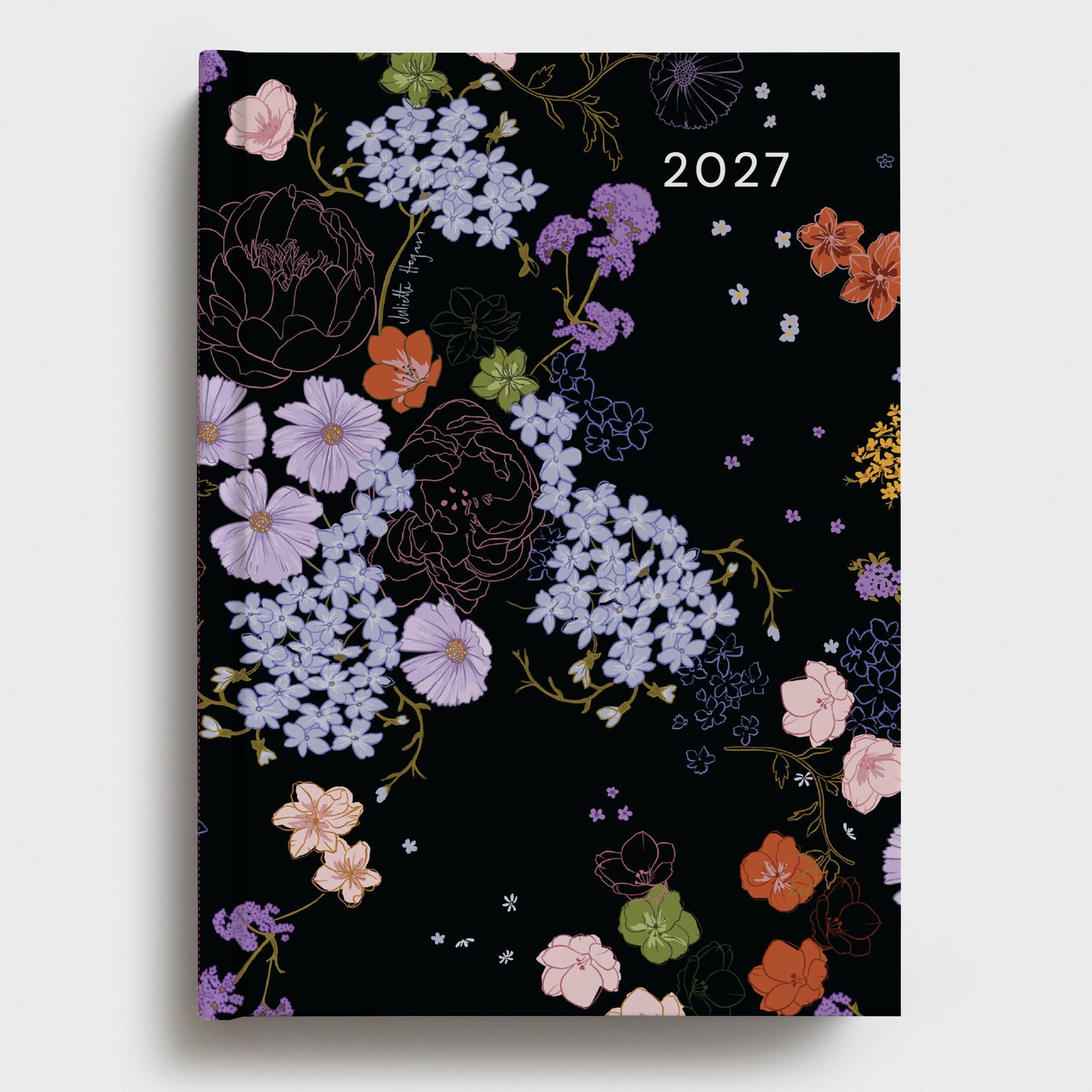juliette hogan 2027 calendar with floral design on a black background