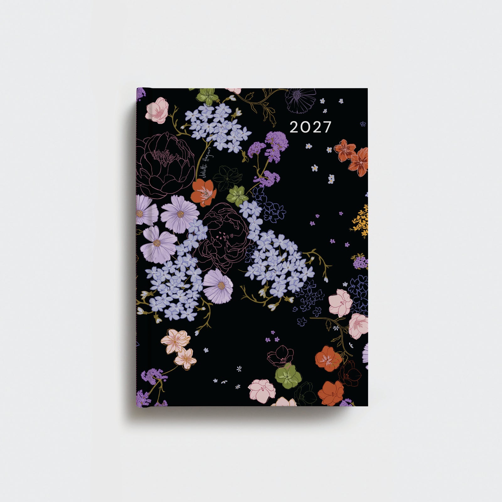 Floral design calendar for 2027 on a black background