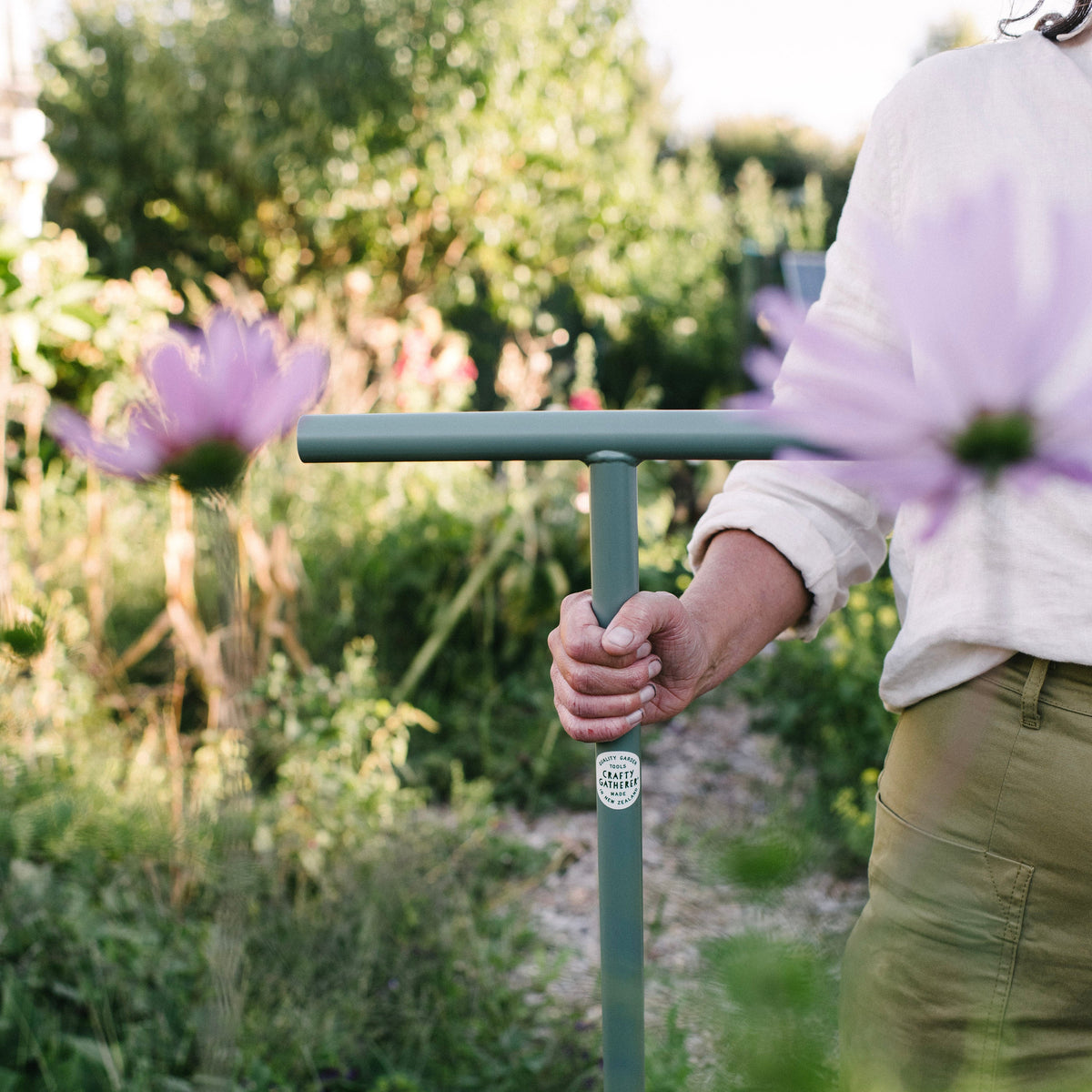 Person holding a garden tool with flowers in the foreground