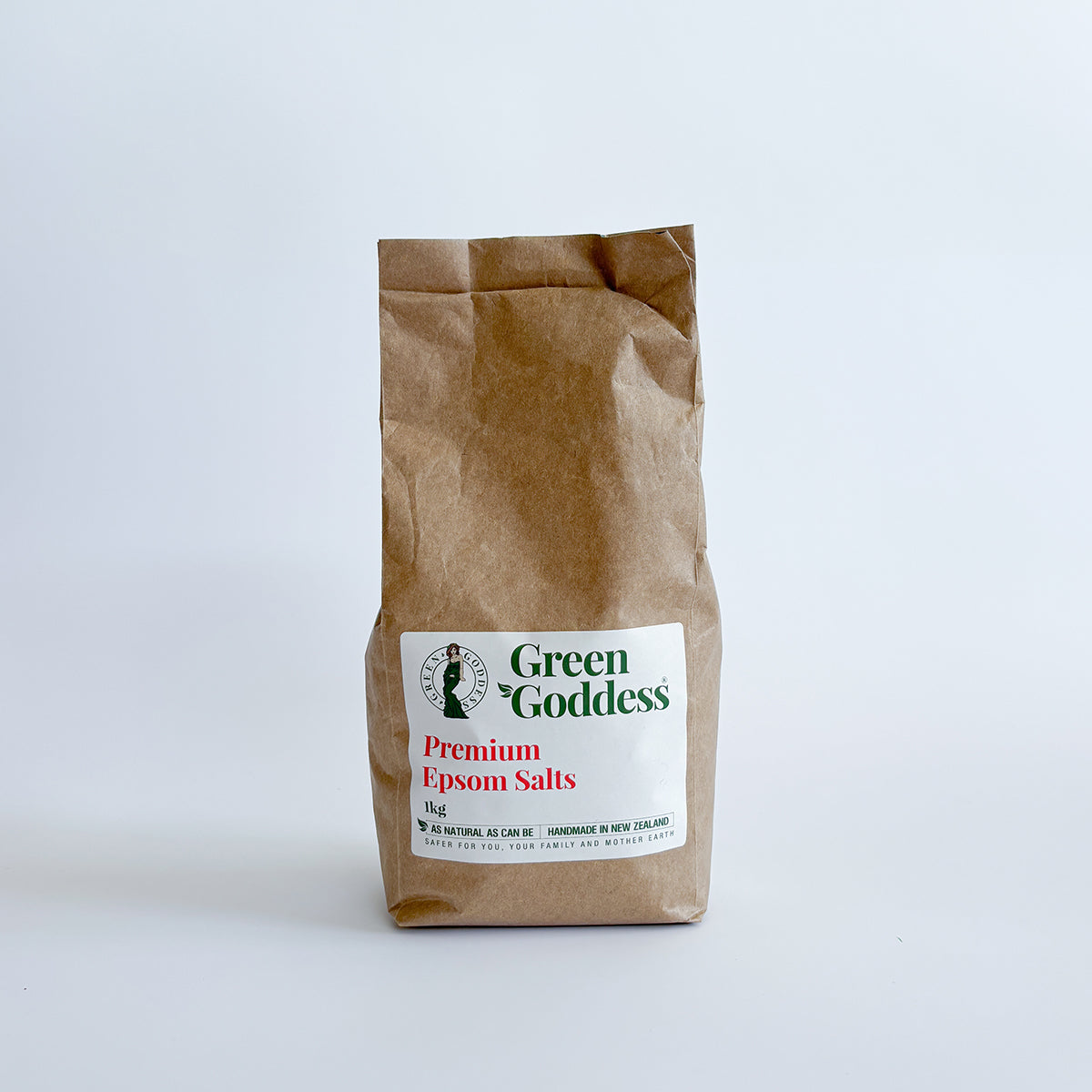 A brown paper bag labeled &#39;Green Goddess Premium Epsom Salts&#39;, with a white and green brand label.