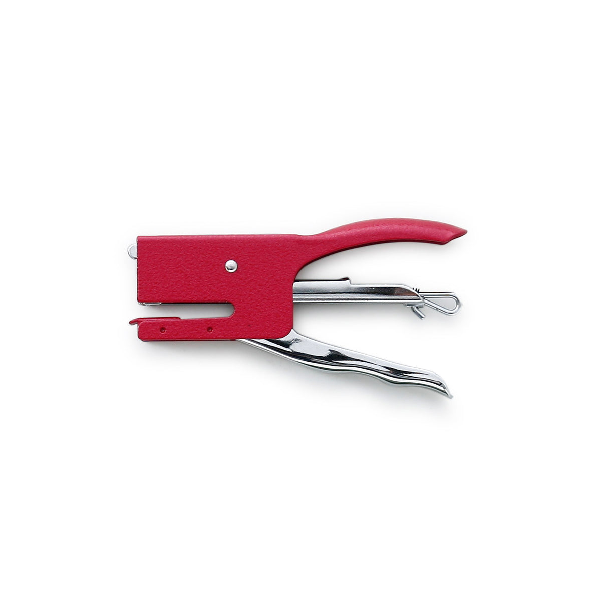Red and silver stapler on a white background