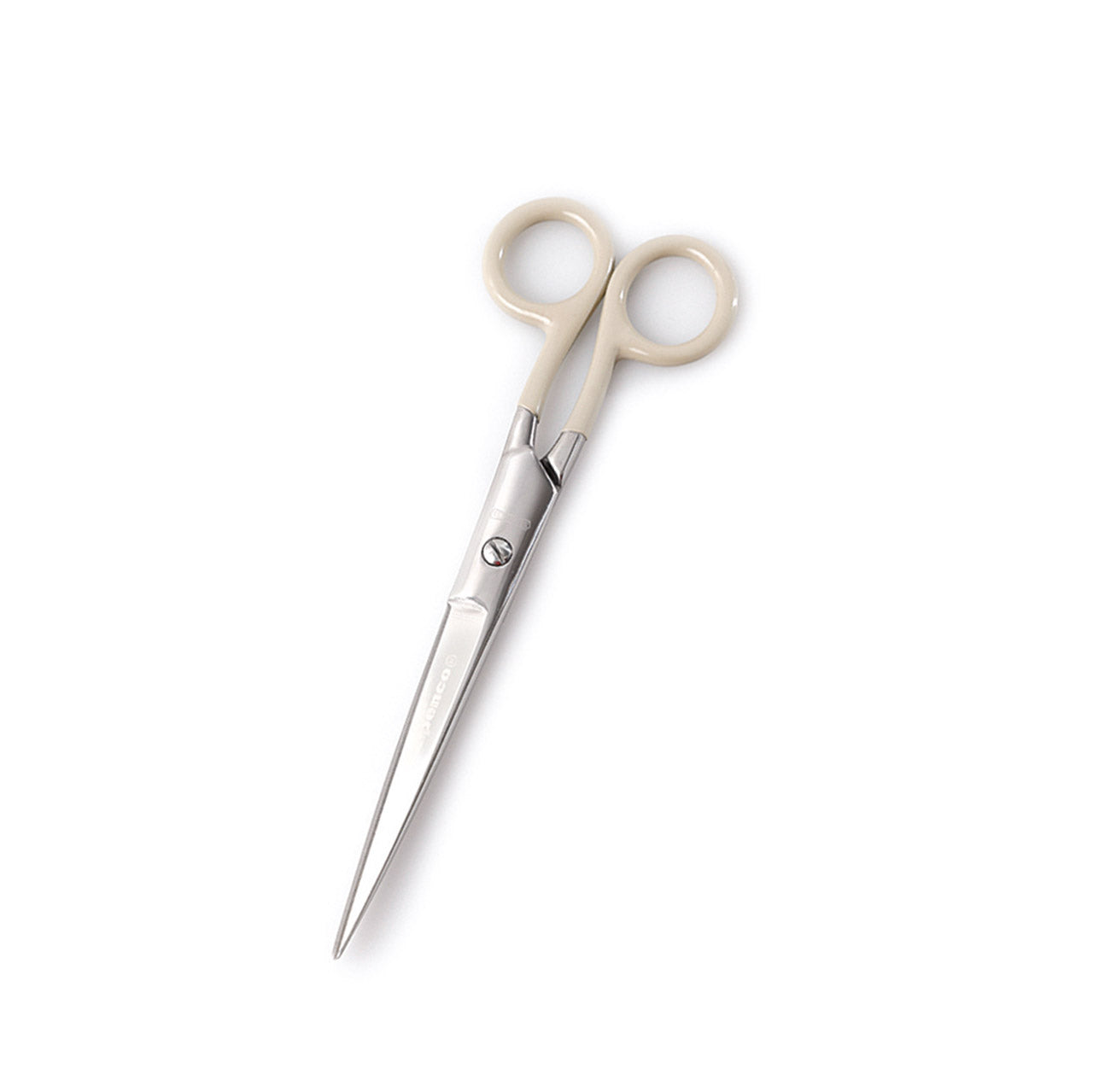 Pair of scissors with beige handles on a white background