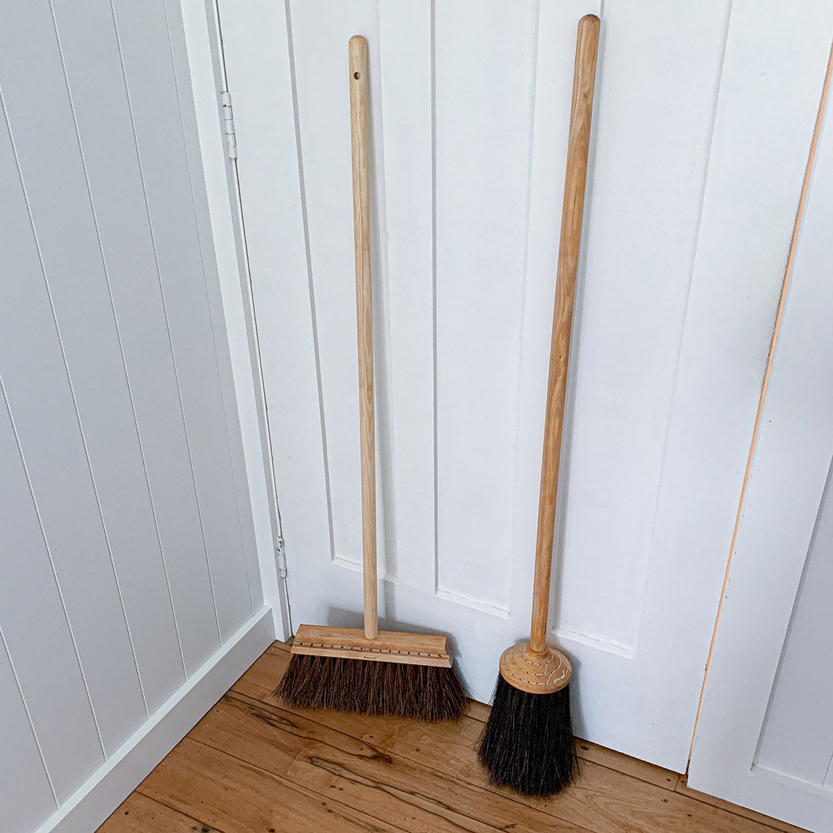 Wooden Porch Broom and Brush with long handles.