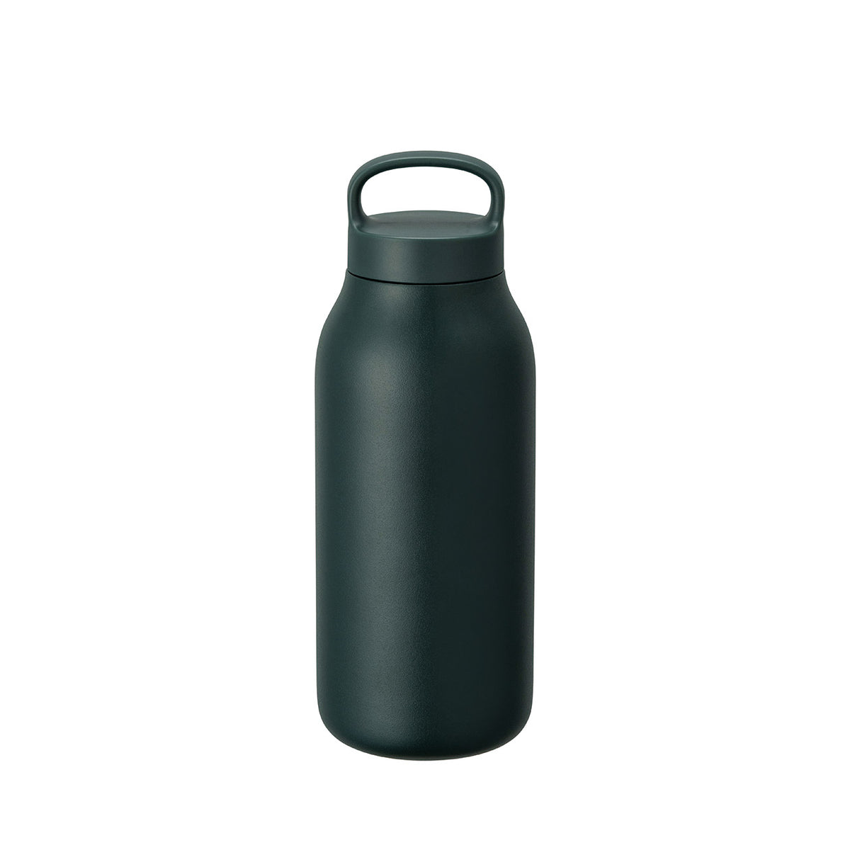 Dark green water bottle with a handle on a white background