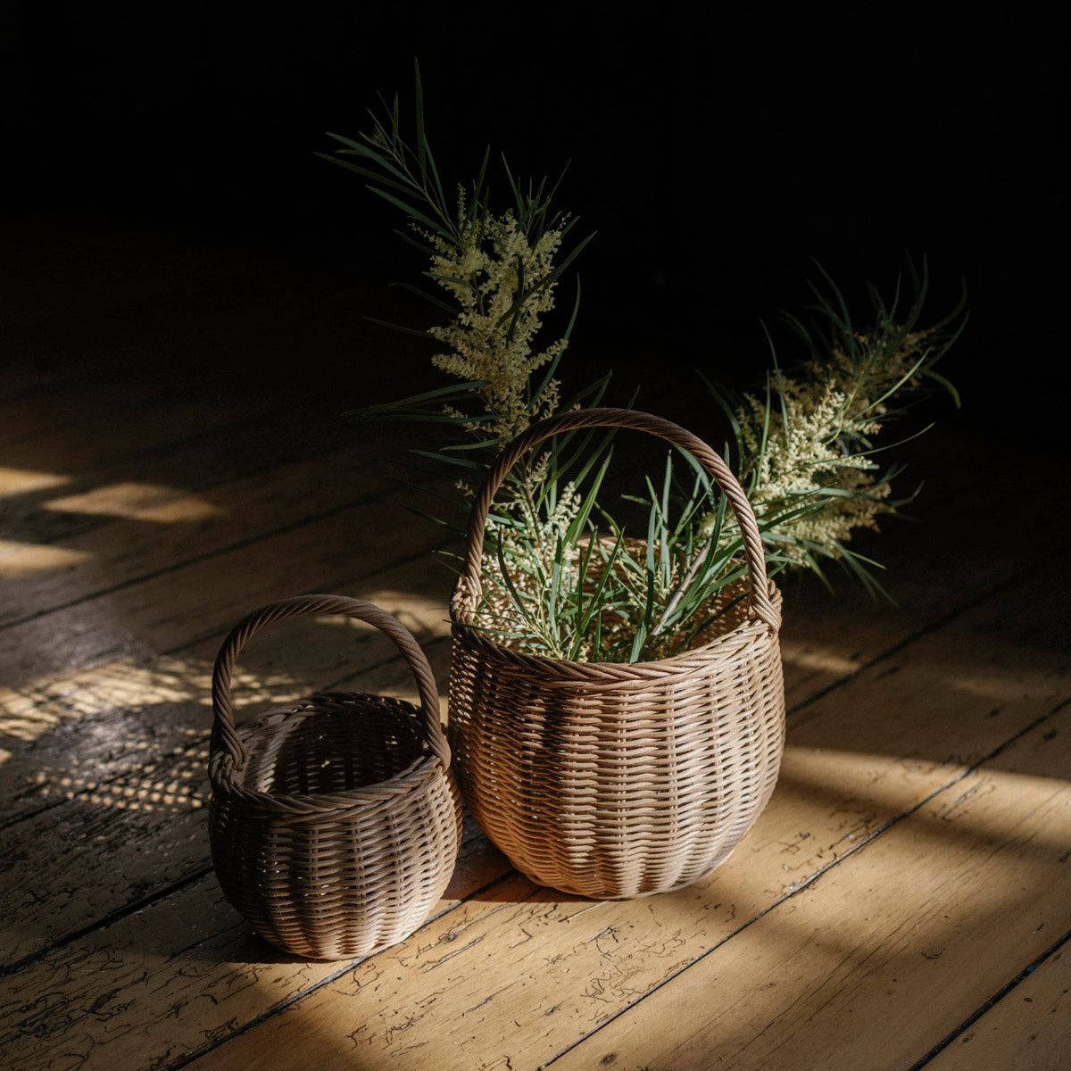 Two woven wicker baskets on a rustic wooden floor, one small and one large, with green and white dried botanical stems placed inside the larger basket. Dramatic sunlight and shadows cast across the scene.