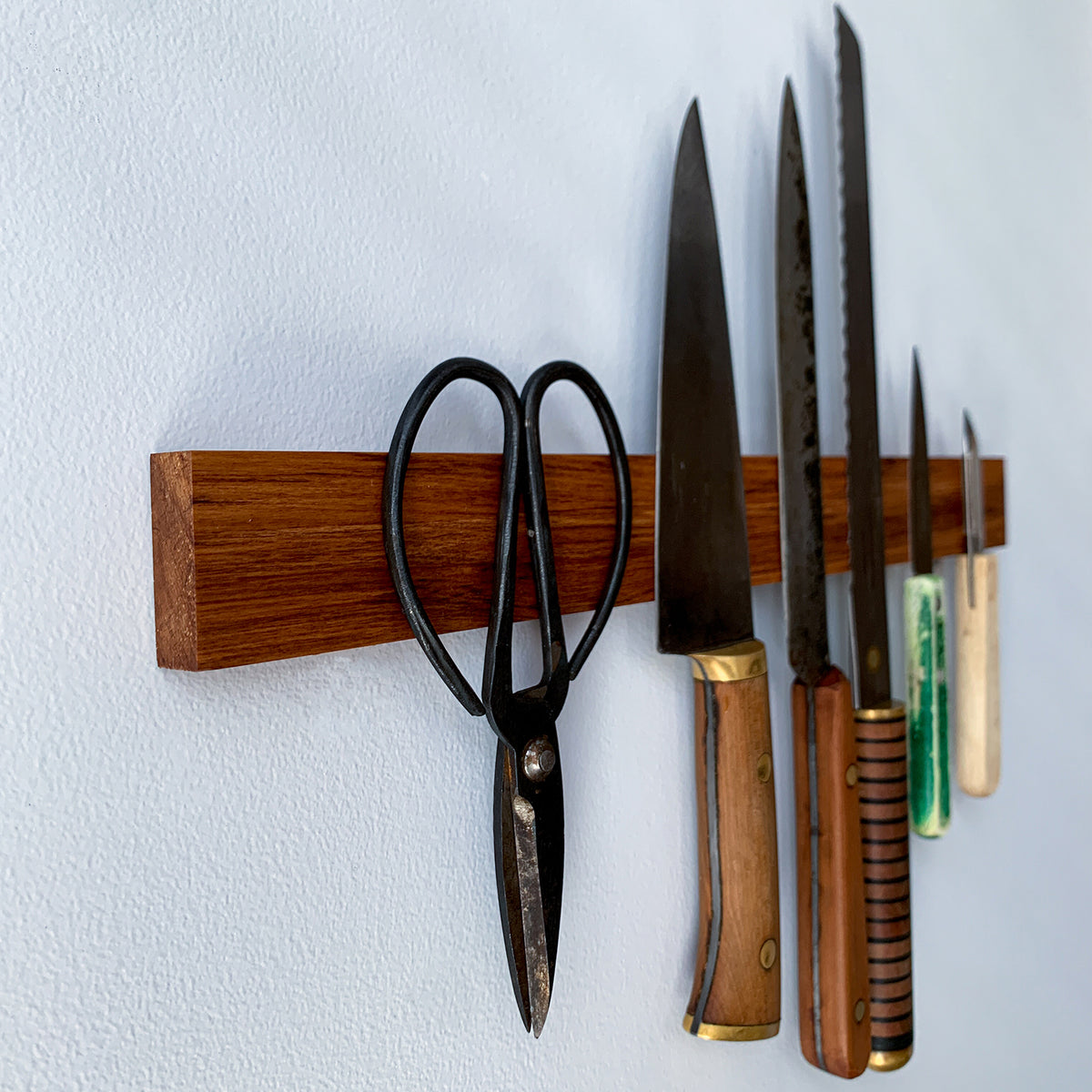 magnetic wall mount knife rack made from reclaimed rimu