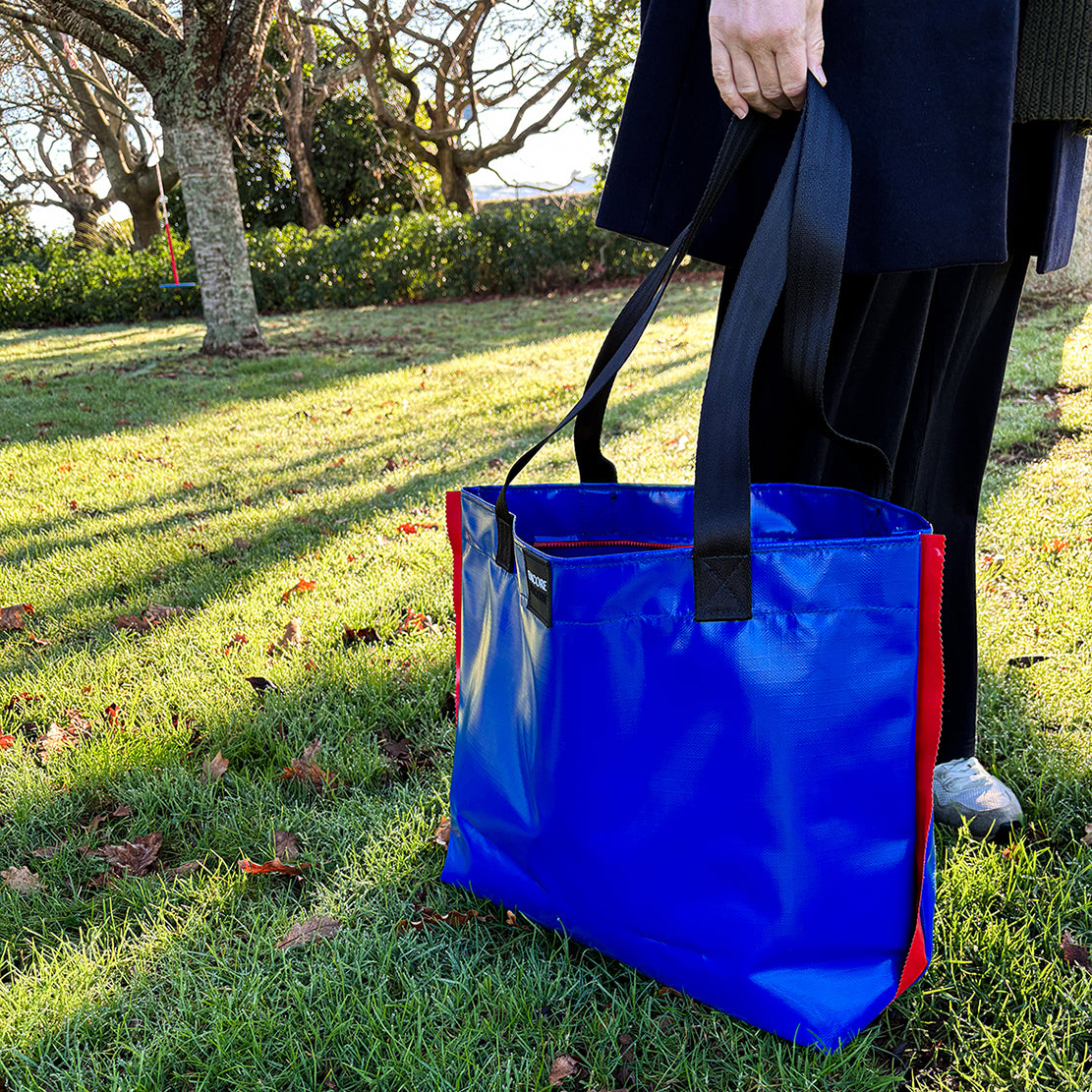 waterproof bag made from bouncy castle offcuts and expired car seat straps