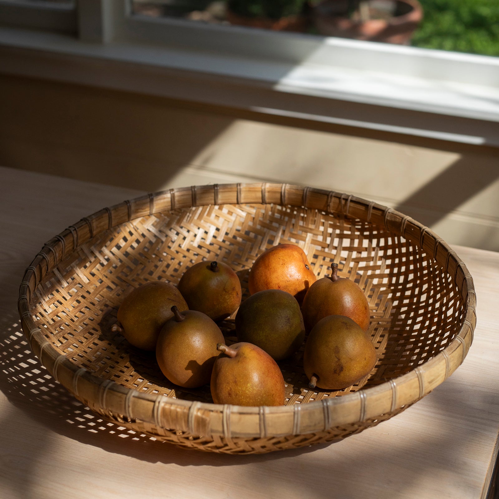 Woven bamboo low basket bowl, also used for foraging and drying flowers, herbs and nuts.